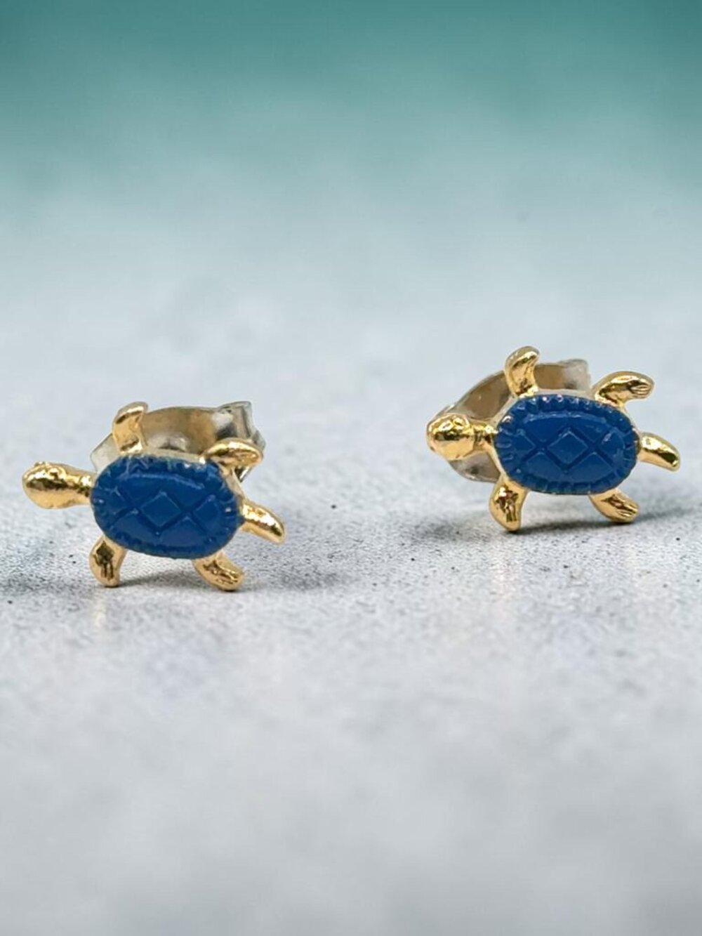Blue Enamel Turtle Stud Earrings - Picture 3 of 3